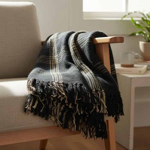 Image of Plaid Black & Tan Fringed Woven Cotton Blend Throw