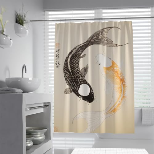 Cortina de baño Japonesa con koi Dorado y Gris Oscuro Cortina de Ducha para decoración del baño Tela Impermeable de Secado rápido 90 x 180 cm