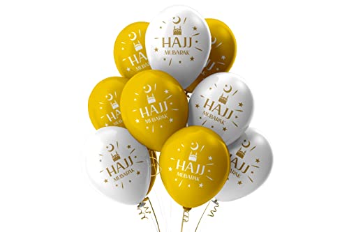 Hajj Mubarak Latex Balloons (pack of 10) - Hajj Decorations (White & Gold)