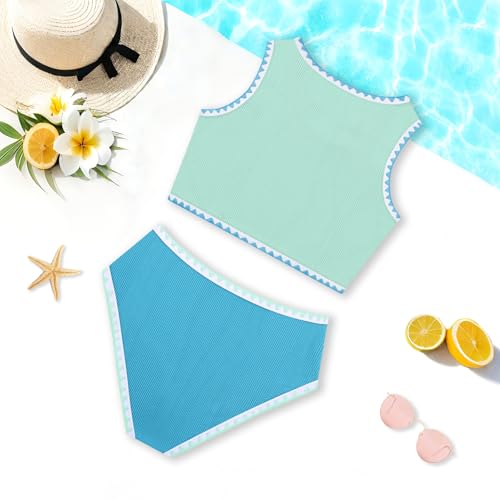 Image of Girls Bathing Suit Toddler Swimsuits 2 Piece Bikini Sets Round Neck Colorful Lace Teen Girls Swimwear 3-14T