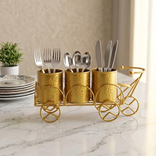 Image of Cutlery Holder Metal Kitchen Utensil Organizer Stand, Rust-Resistant Flatware Spoon Fork Knife Caddy, Dining Table Decor Item and Corporate Gifting Object (30x10x10 CM)