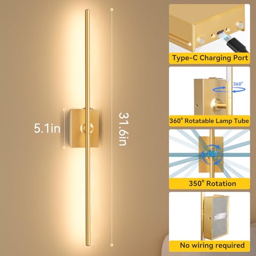 Image of Ouyulong Battery Operated Wall Sconces Set of 2, 10000mAh Wireless Rechargeable 3000-6000K Dimmable 350 Rotate Wall Light with Remote for Living Room, Bedroom 31.6in Gold