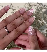 White French Tip Press on Nails Short Almond Fake Nails with Flower Rhinestones Design Summer Flo...