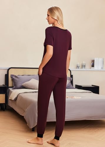 Image of Ekouaer Pajamas for Women Set 2 Piece Fall Lounge Sets Short Sleeve Pjs Joggers Long Pants Sleepwear with Pockets