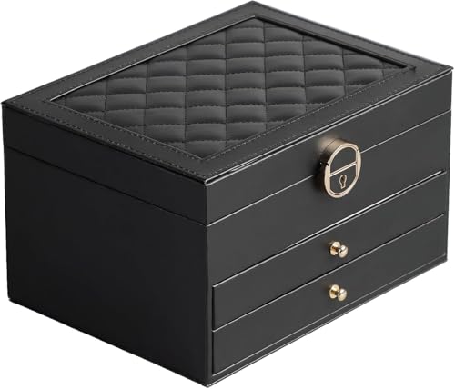 Image of Jewelry Box For Women Girl Wife 3 Layers Large Pu Leather Jewelry Organizer Storage Case With Two Drawers Display For Earrings Bracelets Rings Watches Design Jewelry Box, Jewelry Organizer (Black)