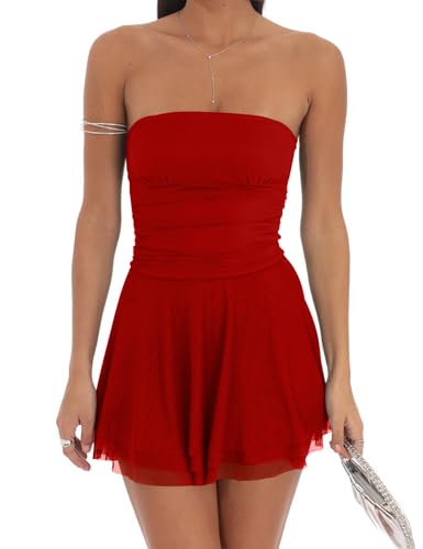 Image of GOKATOSAU Women's Summer Ruffle Hem Sheer Mesh Strapless Tube Bodycon Ruched Flowy Mini Dress Red
