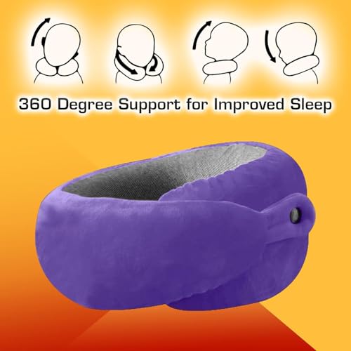 Image of Billebon Memory Foam Travel Neck Pillow with Magnetic Fabric Luxury Neck Support Pillow for Comfortable Travel, Washable Removable Cover (Lavender with Eye Mask)