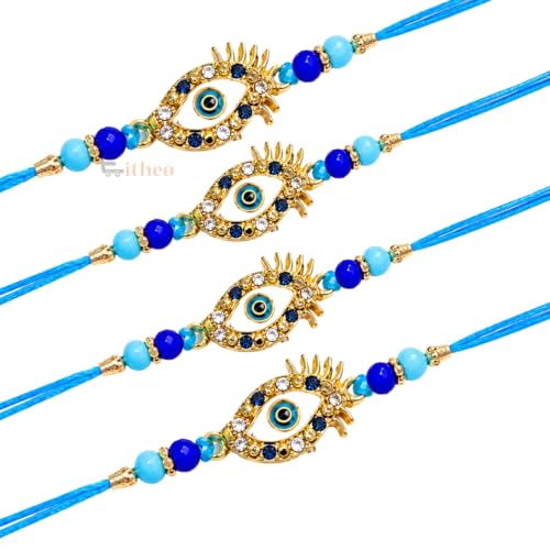 Image of EITHEO Traditional Evil Eye Rakhi for Brother, Gold Finish Designer Raksha Bandhan Rakhi with Blue Beads, Crystal Border, Roli Chawal, Chandan & Mishri (Pack of 4)