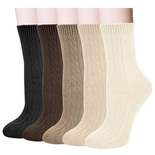 Image of 5 Pairs Wool Socks for Women, Winter Warm Cute Cat Crew Socks