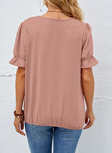 Lolong Women V Neck Tops Dressy Casual Puff Short Sleeve Blouse Lace Chiffon Pom Poms Shirts Pink #TOP4