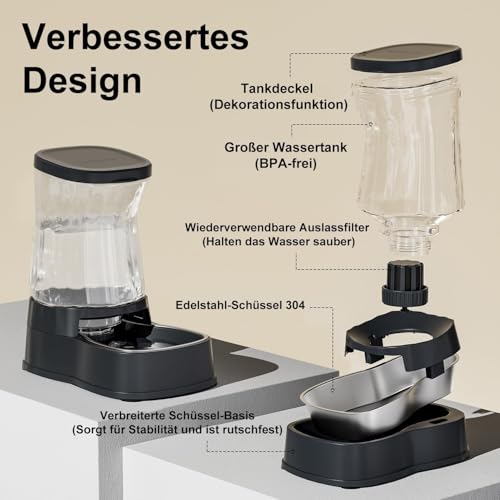 Gardner Pet Futterautomat Katze, 3.85L Wasserspender Hund mit Edelstahlschüssel, Ohne Strom, BPA Frei, Gravitation Wasserspender Katzen, für Mittlere/groß Haustiere (Grau)