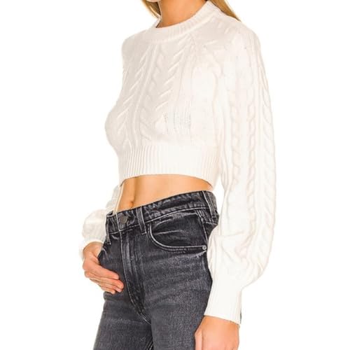 Image of Woman Sexy Open Back Cable Knit Sweater Casual Long Sleeve Knit Crop Tops Fall Crew Neck Tie Up Back Pullover (White, L)