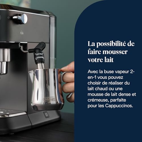 De’Longhi Dedica Style - Perfetto Machine à Expresso Compacte, Mousseur de Lait Manuel pour Expresso et Cappuccino, Compatible Dosettes ESE, Panneau de Commande à Boutons, Largeur 15cm, Noir(EC685.BK)