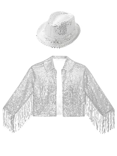 Jhaoyu Kids Girls Dance Outfits Long Sleeve Cardigan Sparkle Sequins Tassle Jacket Coat with Hat Jazz Hip Hop Dancewear3