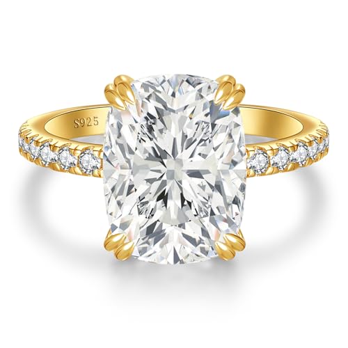 5CT Elongated Cushion Cut Engagement Ring, S925 Sterling Silver Cubic Zirconia Wedding Rings for Women 14K Gold/White Gold Plated, Promise Anniversary Birthday Gift for Her, Size 5-10