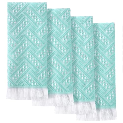 HunnmingRe 4 Pack Boho Hand Towel for Bathroom Kitchen 14x30 Inch 100% Turkish Cotton Summer Boho Decorative Towel Waffle Farmhouse Bathroom Decor Absorbent Soft Guest Gift(Teal White)