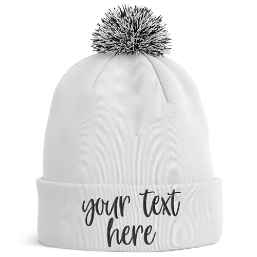 Image of Purple Print House Personalised Bobble Hat Embroidered Text Any Colour Womens Mens Winter Beanie, One Size, White/Black