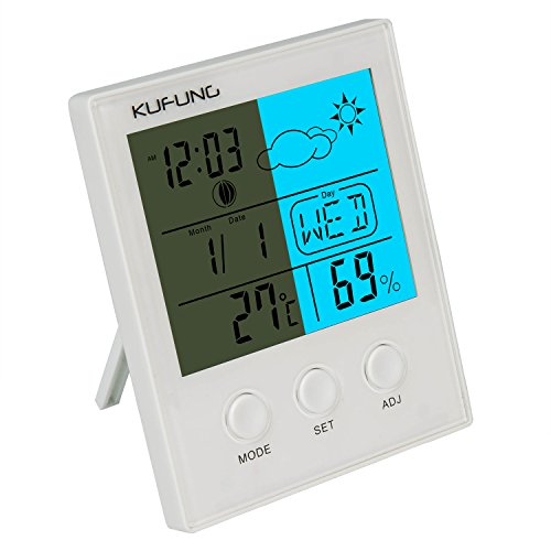 KUFUNG Backlight Hygrometer Thermometer, Digital Humidity Monitor Sensor with large LED display shows temperature,date,weather,Humidity&alarm