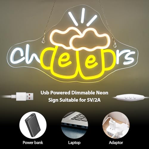 Image of Cheers Neon Sign Beer Cup Neon Lights for Wall Decor Dimmable LED Neon Light Up the Good Times with a Cold Glow USB Powered for Bars Party Living Room Bar Man Cave Party Home kitchen Restautrant