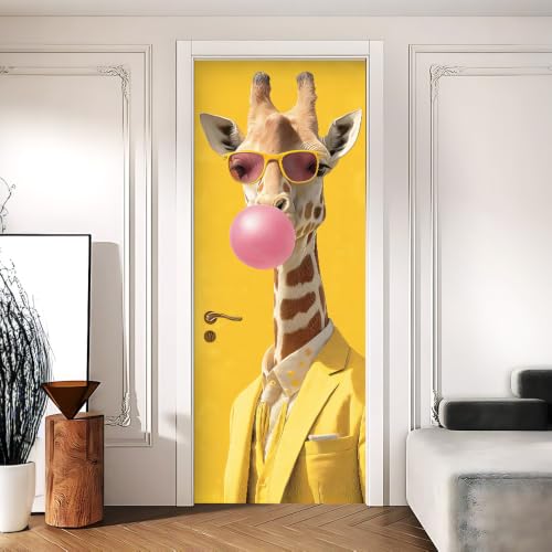 Image of Giraffe Door Cover, Bubble Gum Pop Art Door Sticker, 30.3x78.7in
