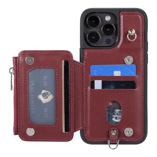 Wallet Case for iPhone 16 Pro Max/16 Pro/16 Plus/16, Card Holder RFID Blocking Leather Cover with Wrist Strap Zipper Handbag Shell,Red,164