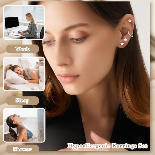 Image of KesaPlan Stud Earrings for Women 14K Gold Plated Hypoallergenic Hoop Earrings Set Small Studs Hoop Huggie Earring Multiple Piercing Star Heart Ball Cubic Zirconia Studs Stacks Trendy for Women Men