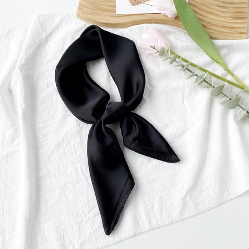 CREATCABIN Black Silk Feeling Scarf Soft Silky Square Satin Scarf Wrap Neck Head Scarves Sleeping Hair Protect Coverage Head Neckerchief for Women Travel Lightweight Costume Accessaries Gift 19.7in4