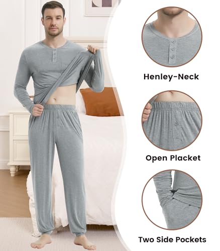 Image of NACHILA Mens Pajamas Set Long Sleeve Henley Sleepwear Top Soft Jogger Pants Pajamas Cool Pjs Set,Viscose Made from Bamboo