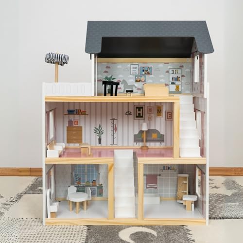 Puppenhaus Lara Puppenstube Holz Miniaturhaus Villa komplett möbliert 3...