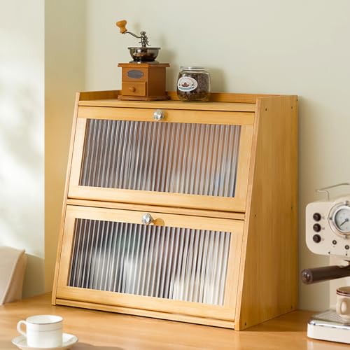 SanBouSi Petit buffet de cuisine en bambou pour plan de travail, buffet, armoire de cuisine avec porte en acrylique, boîte à pain pour pots à épices,...