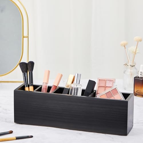 Image of Jetec Wooden Pencil Pen Holder for Desk 6 Compartments Cosmetic Makeup Brush Stationery Office Desktop Organizers for Countertop Adjustable Silverware Caddy for Party, Art Supplies, Home Decor(Black)