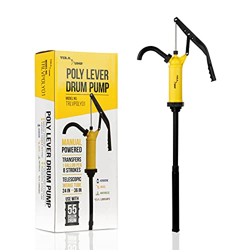 TERA PUMP TRLVPOLY01 Manual Hand-Operated Poly Lever Drum Pump Telescopic Suction Tube Fits 15 to 55 Gallon Drums For Diesel, Kerosene, Antifreeze, Lubricants, etc.