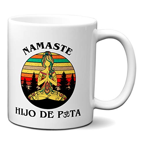 Planetacase - Taza Namaste Graciosa - Yoga Meditación Zen - Símbolo Om Buda - Desayuno Café - Cerámica Lavable Microondas - 330 mL