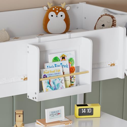 Merax Hochbett für Kinder, Etagenbett mit Rutsche und dreistufiger gerader Leiter, Abnehmbares Regal, Weiß+Natur, 90x200cm, Kiefer + MDF
