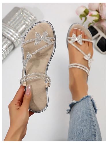 Image of OYOANGLE Women's Silver Rhinestone Sandals Sparkly Dressy Flat Sandals