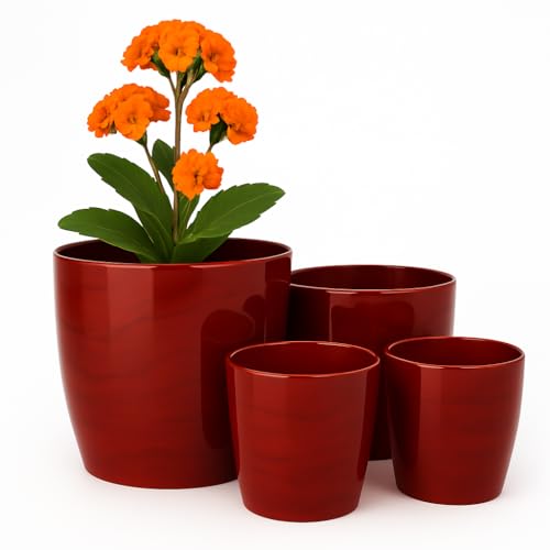 Home Garden Ornaments Blumentopf, Übertopf Set 4 Stück aus Kunststoff Marmor-Optik 12/14/16/18 cm Übertöpfe für Zimmerpflanzen (Dunkelrot)