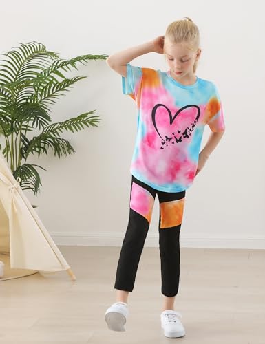 Image of Girls 2 Piece Outfits Kids Clothes Pants Sets Print Short Sleeve Top Leggings Spring Summer Tracksuit 4-13Y