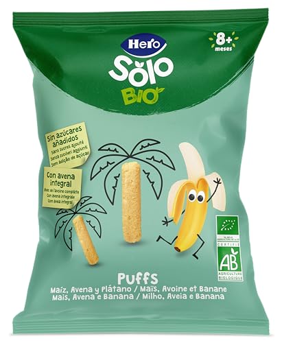 Hero Solo Bio, Snack Infantil Ecológico, Puffs de Maíz Avena y Plátano, Sin Aditivos Ni Sal Añadida, Para Bebés Desde 8 Meses, 25g x 5uds