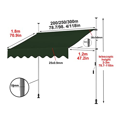 Auvent de terrasse rétractable de 2.5m avec manivelle manuelle pour extérieur