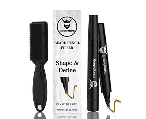 4-Tip Beard Pencil Filler for Men, Beard Filling Pen Kit with Brush, Long Lasting Waterproof Beard Pen - Fill, Shape, & Define Your Beard and Mustache - Striking Viking (Brown)