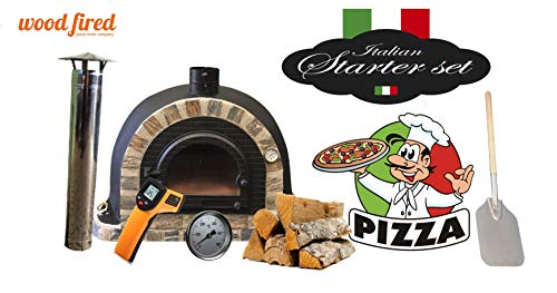 Black Pro Deluxe Wood Fired Pizza Oven Starter Kit, Stone Arch, Cast Iron Window Door, 100cm x 100cm
