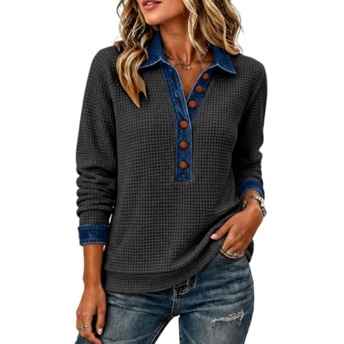 Waffle Knit Shirts for Women V Neck Henley Button Trendy Pullover - image 2