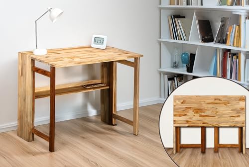 Image of Extended One-Side Folding Teakwood Table - Space-Saving Design, Sturdy Build, Adjustable Height, Multi-Purpose Dining, Work, Study, Easy Assemble, Indoor Outdoor Use - DIY Model - Natural - Dawnriser
