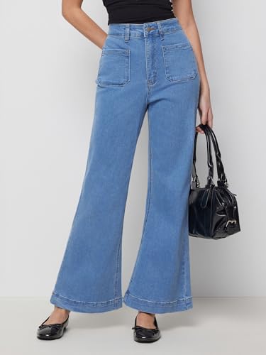 Image of CIDER Womens Wide Leg Jeans Cropped Length Stretchy Denim Flared Pants | High Waist, Trendy, Straight Leg Jean Bottoms