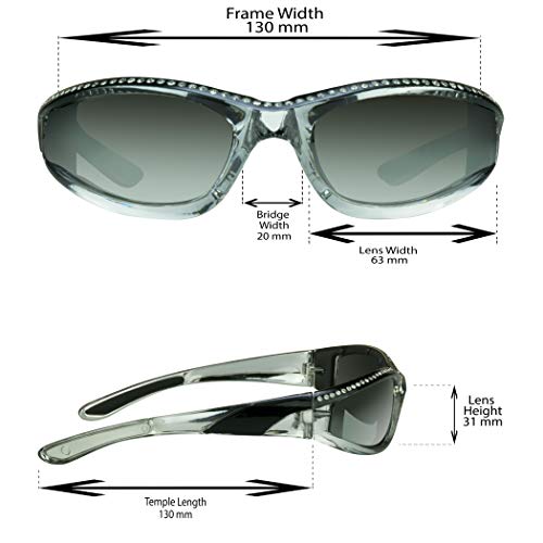 Chrome Frame Anti Glare Mirrored Motorcycle Sunglasses With Rhinestones Foam Padded For Women (Mirror Smoke Black + Clear Black Combo) #TOP2