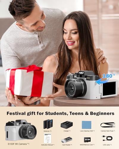 Image of NBD 8K 64MP Digital Cameras for Photography with 16X Zoom,2026 Upgraded Autofocus Vlogging Camera with 180Flip Screen,Point and Shoot Digital Cameras with 2 Batteries,64GB Card,52mm Macro Lens(White)