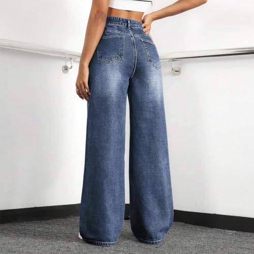 Image of Straight Leg Jeans for Women High Waisted Wide Leg Denim Pants