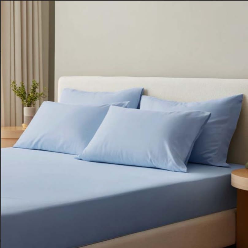 Image of Loom Blue Summer Fitted Percale Temperature Regulating Bedsheet Set - 100% Cotton, Soft & Breathable, Bedsheet 106x106 in + Pillow Covers 18x27 in, Lightweight Bed Linen for All Seasons