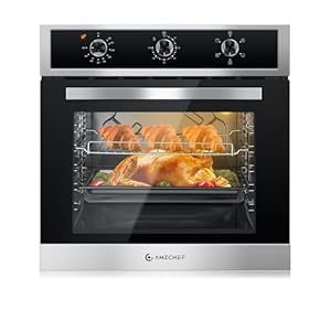 AMZCHEF 24″ Single Wall Oven, 2.65 Cu.ft. Built-in Electric Wall Oven with 5 Cooking Functions, 360° ROTATING ROTISSERIE, 2200W, Mechanical Knobs Control, Timer, Stainless Steel Wall Oven for Kitchen
