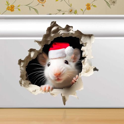 Christmas Mouse in Mousehole, Cracked Wall Decal Sticker, Removable Decor, Skirting Board, Baseboard, 3D Effect Kids Wall Sticker